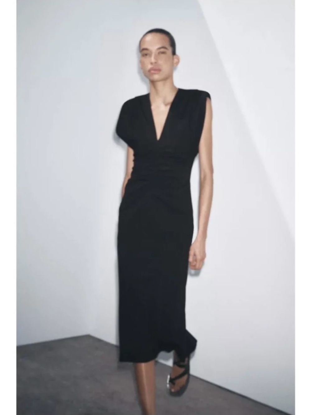 ZARA ZW Collection Ruched Black Midi Dress w/ Shoulder Pads - XS - Picture 5 of 14
